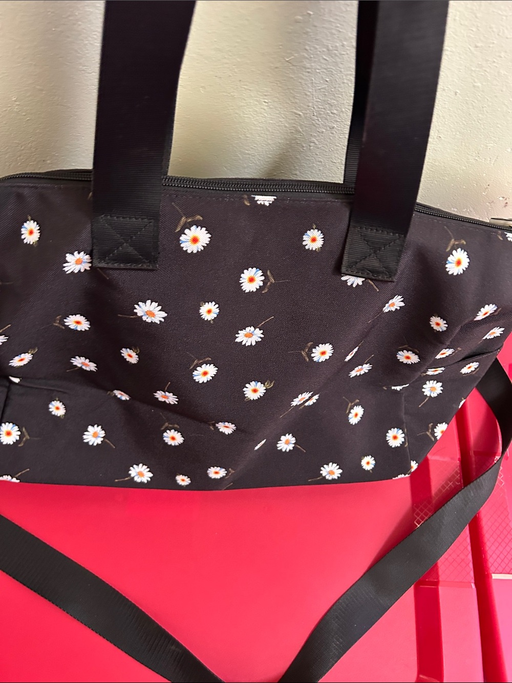 Alice + Olivia Black Daisy Tote Bag with White and Orange Floral Print
